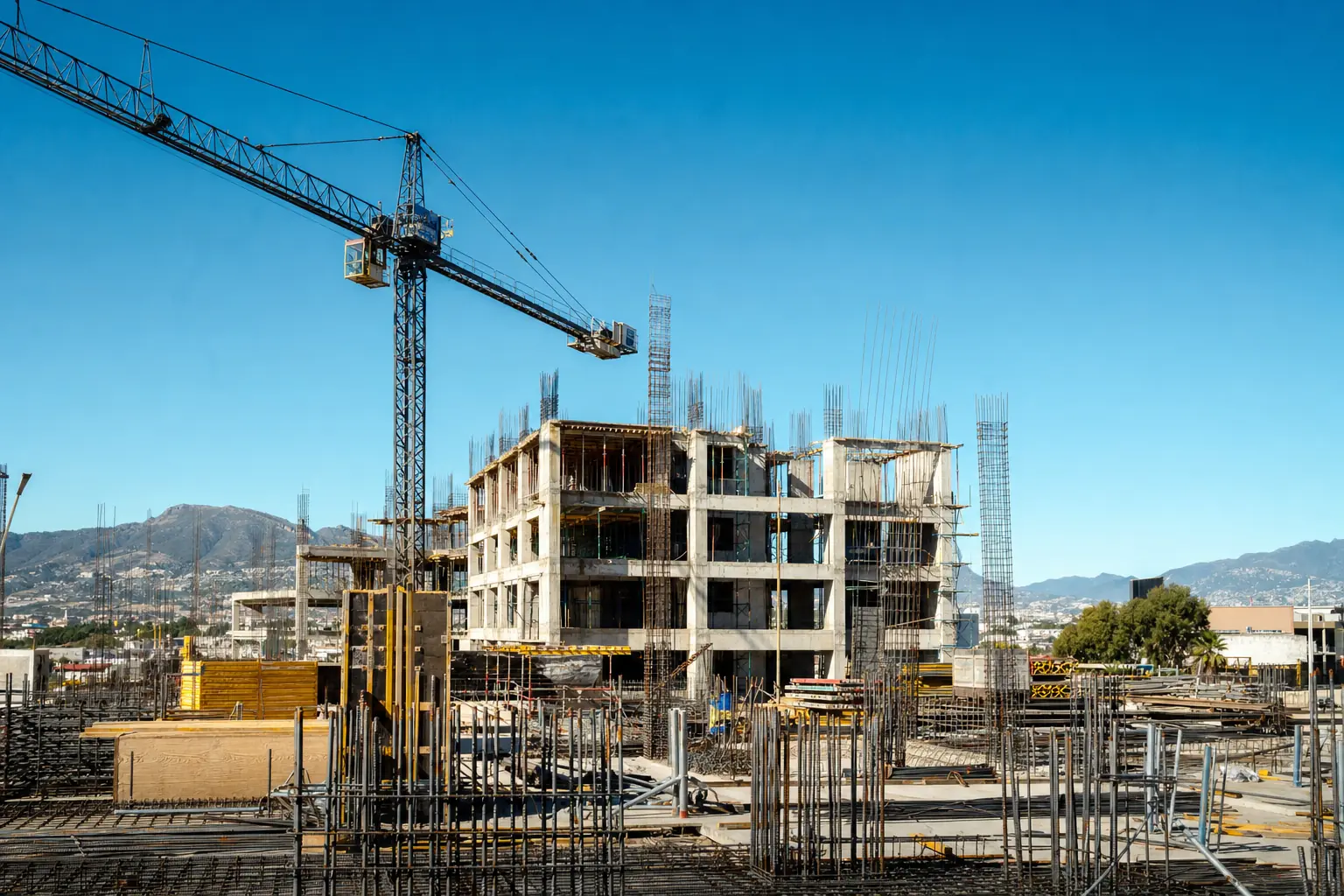 Obra en proceso con grúa torre sobre una estructura de concreto armado y varilla a la vista.