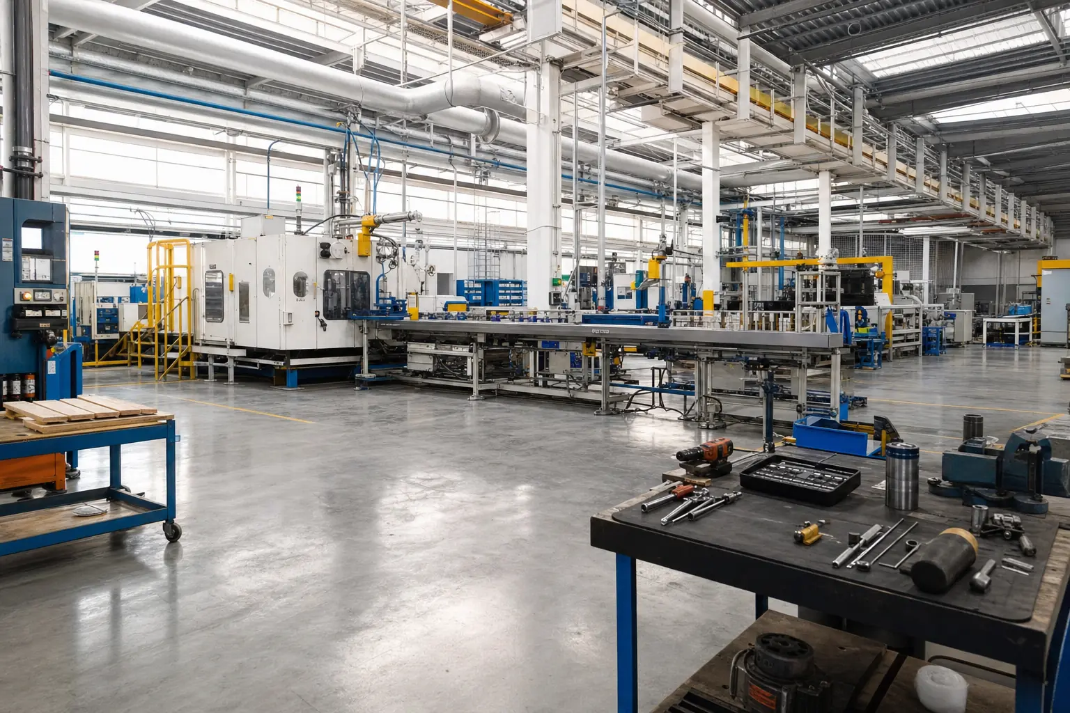 Nave de manufactura con máquinas herramienta en línea y una mesa de trabajo en primer plano.