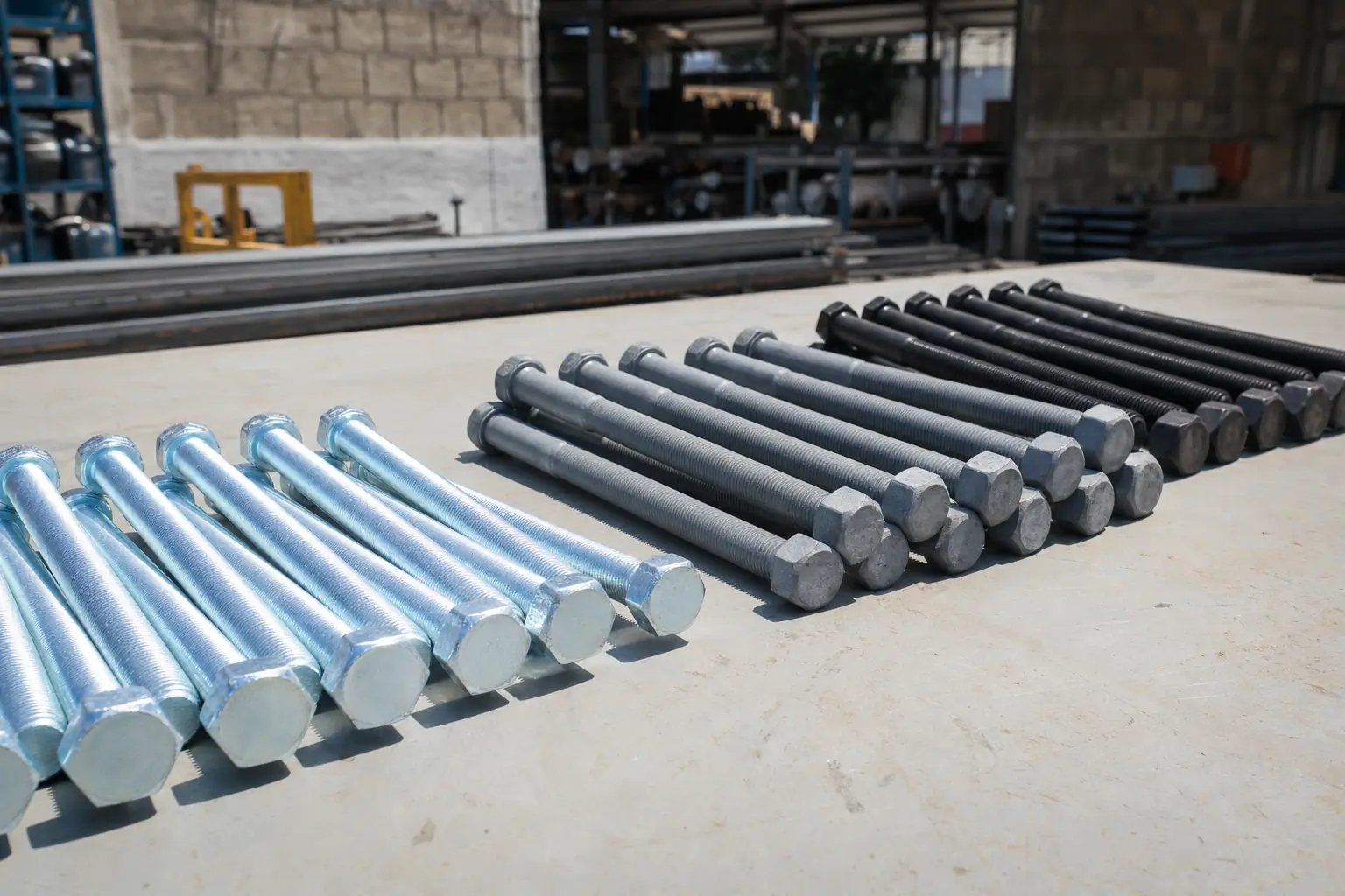 Tornillos de cabeza hexagonal galvanizados, alineados sobre una mesa de taller.