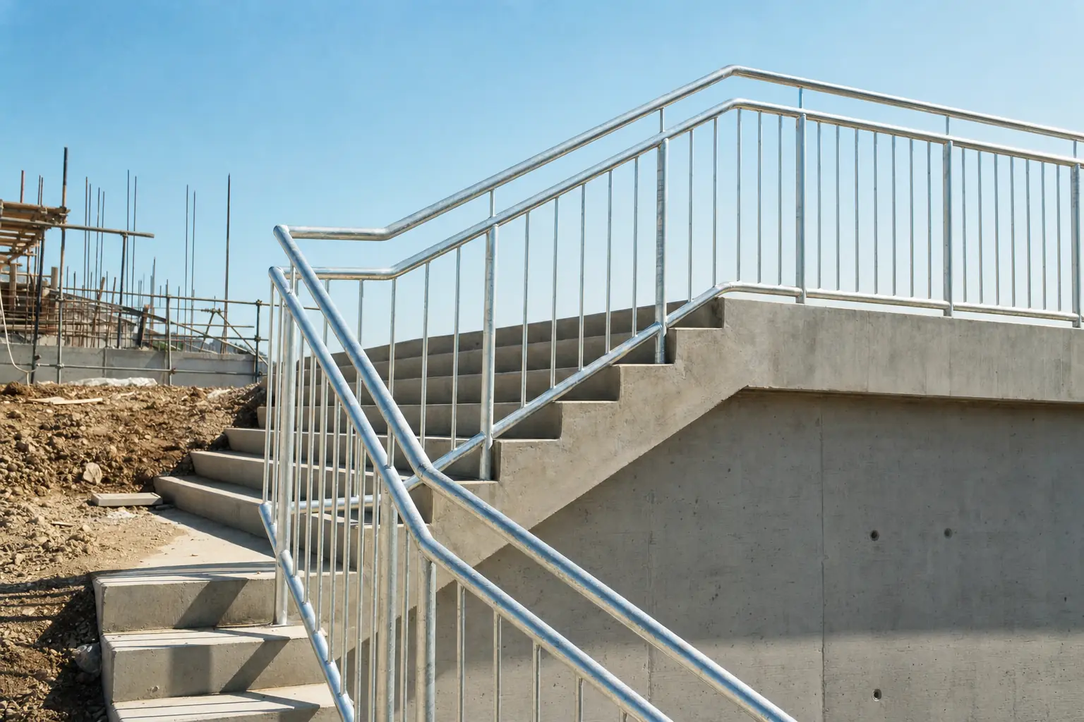 Barandal de tubo galvanizado ya instalado sobre una escalera de concreto en obra.
