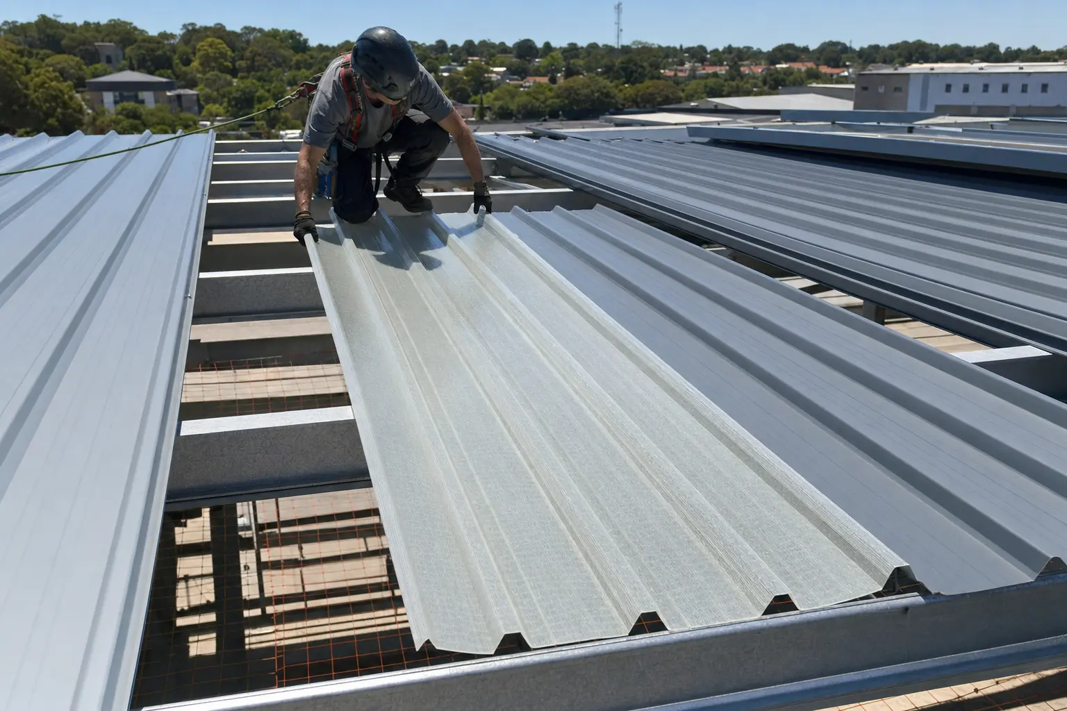 Cubierta industrial en montaje: un instalador baja una lámina traslúcida al hueco entre dos láminas de acero del mismo perfil trapezoidal