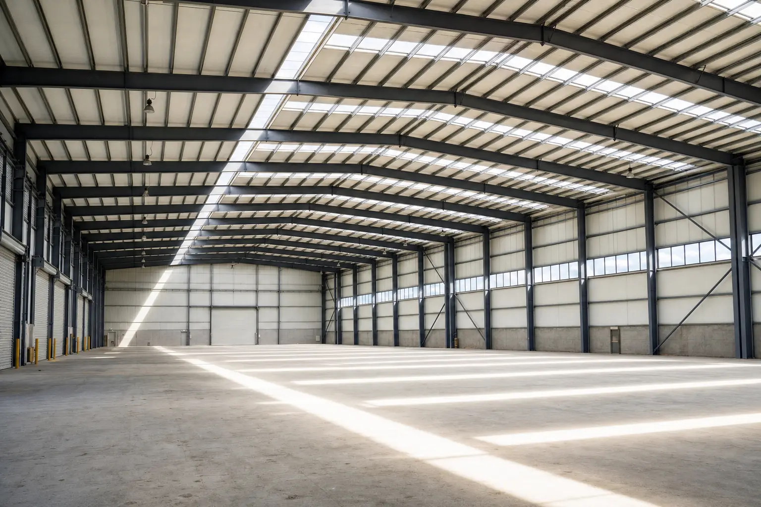 Interior de una nave industrial con una franja de lámina traslúcida a lo largo de la cubierta que ilumina el piso con luz de día.