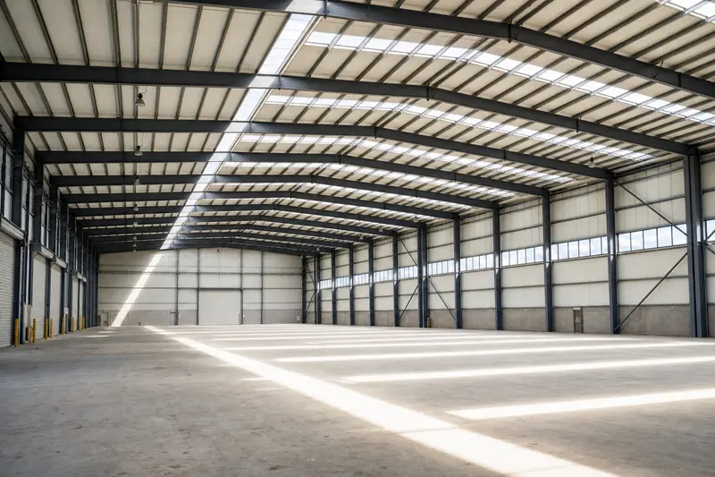 Interior de una nave industrial con una franja de lámina traslúcida a lo largo de la cubierta que ilumina el piso con luz de día.