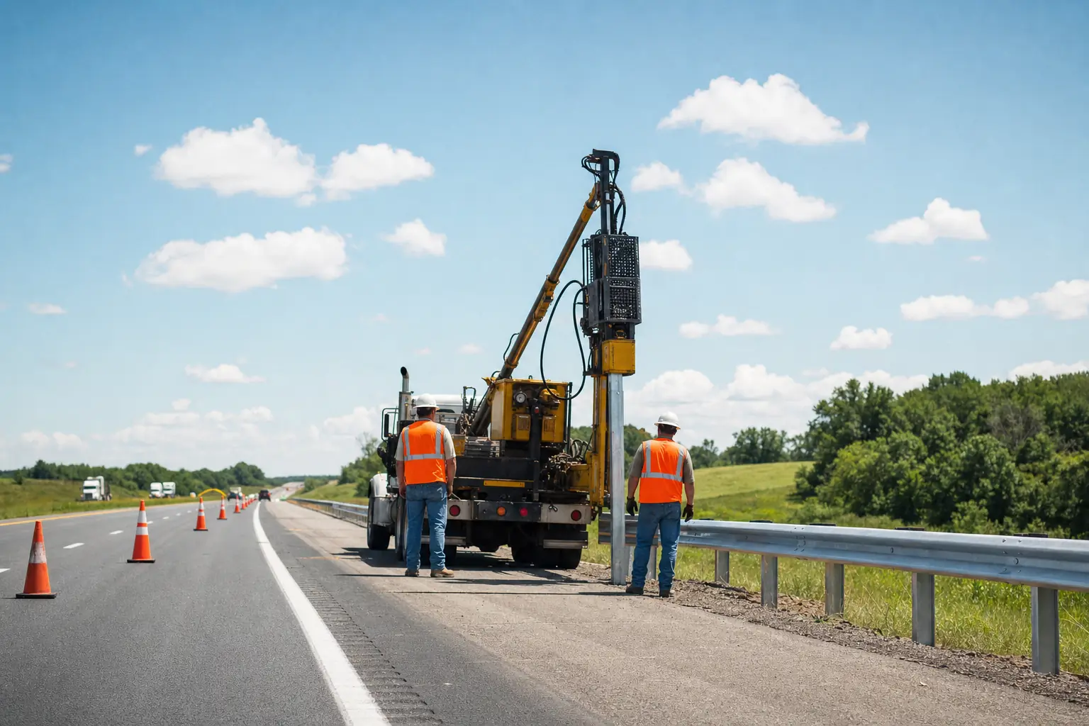 Cuadrilla de APM instalando barrera de contención metálica en el hombro de una carretera.