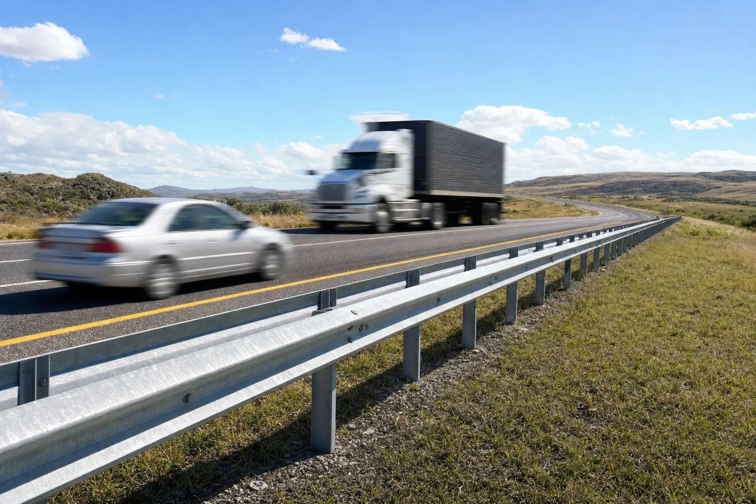 Tráiler y automóvil circulando por una carretera junto a un tramo de barrera de contención metálica.