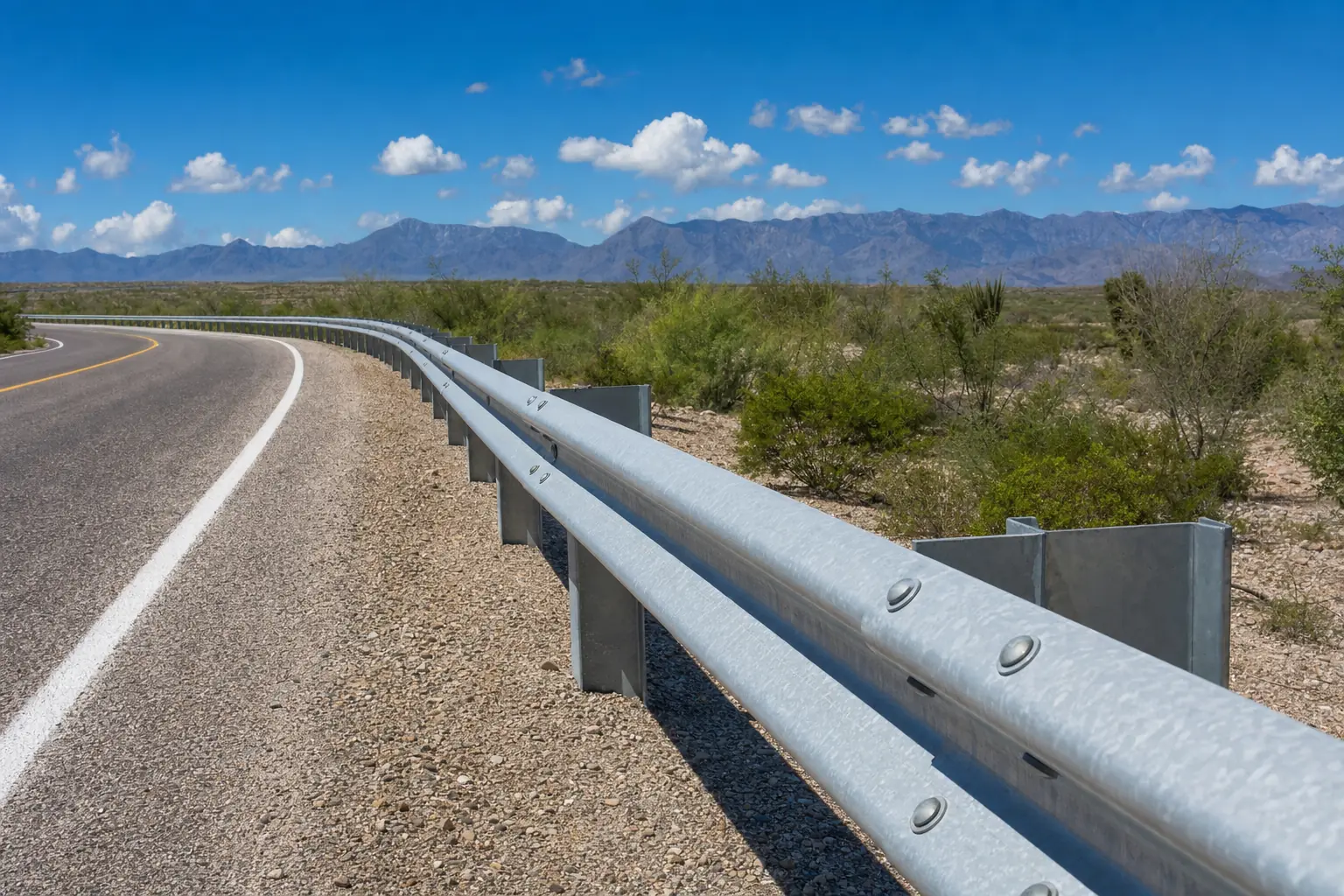 Barrera de contención metálica de dos crestas siguiendo la curva de una carretera, con los postes y los separadores a la vista.