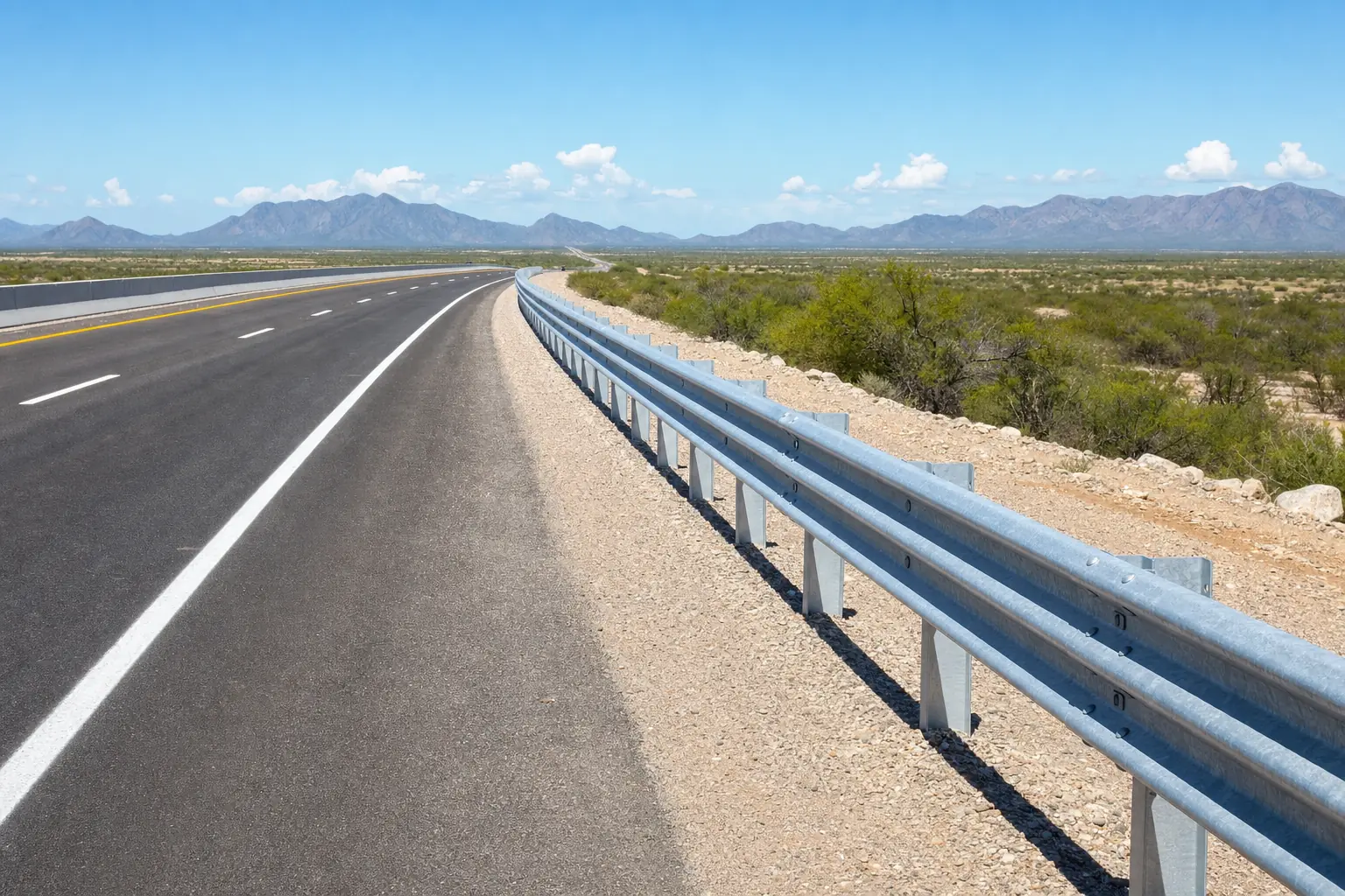 Tramo de barrera de contención metálica instalada sobre el acotamiento de una autopista, en terreno semidesértico con la sierra al fondo.