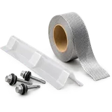 Accesorios de montaje para lámina traslúcida: perfil de cierre, cinta de aluminio y pija con sello de neopreno.