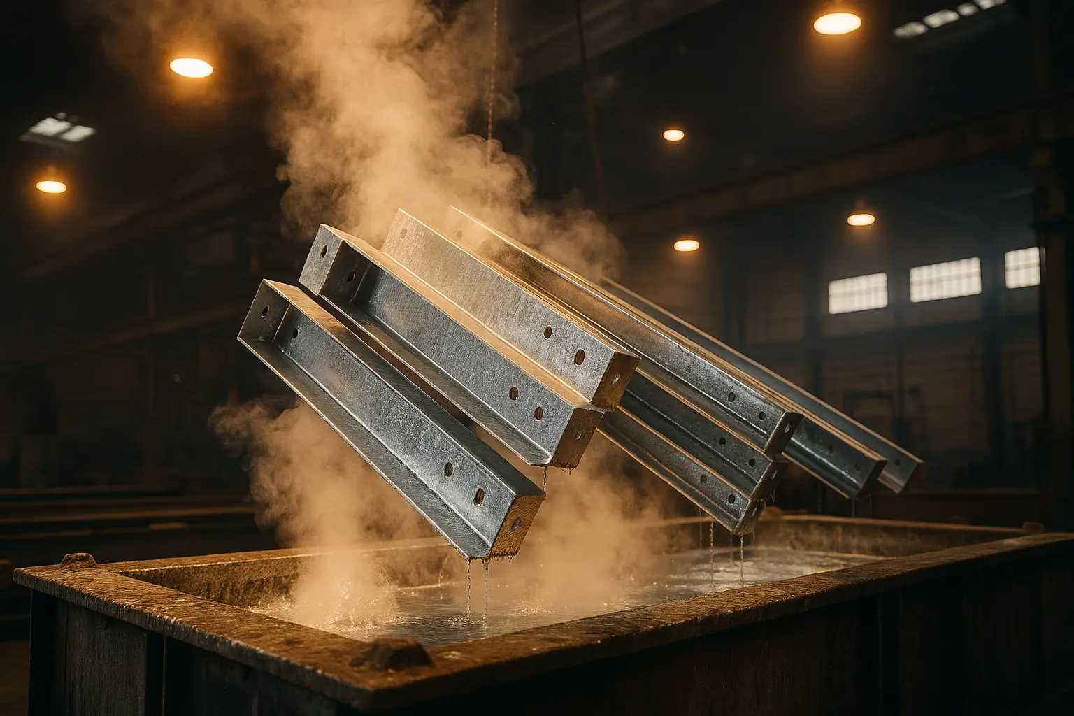 Vigas de acero saliendo del baño de zinc fundido, con el vapor todavía sobre la tina.
